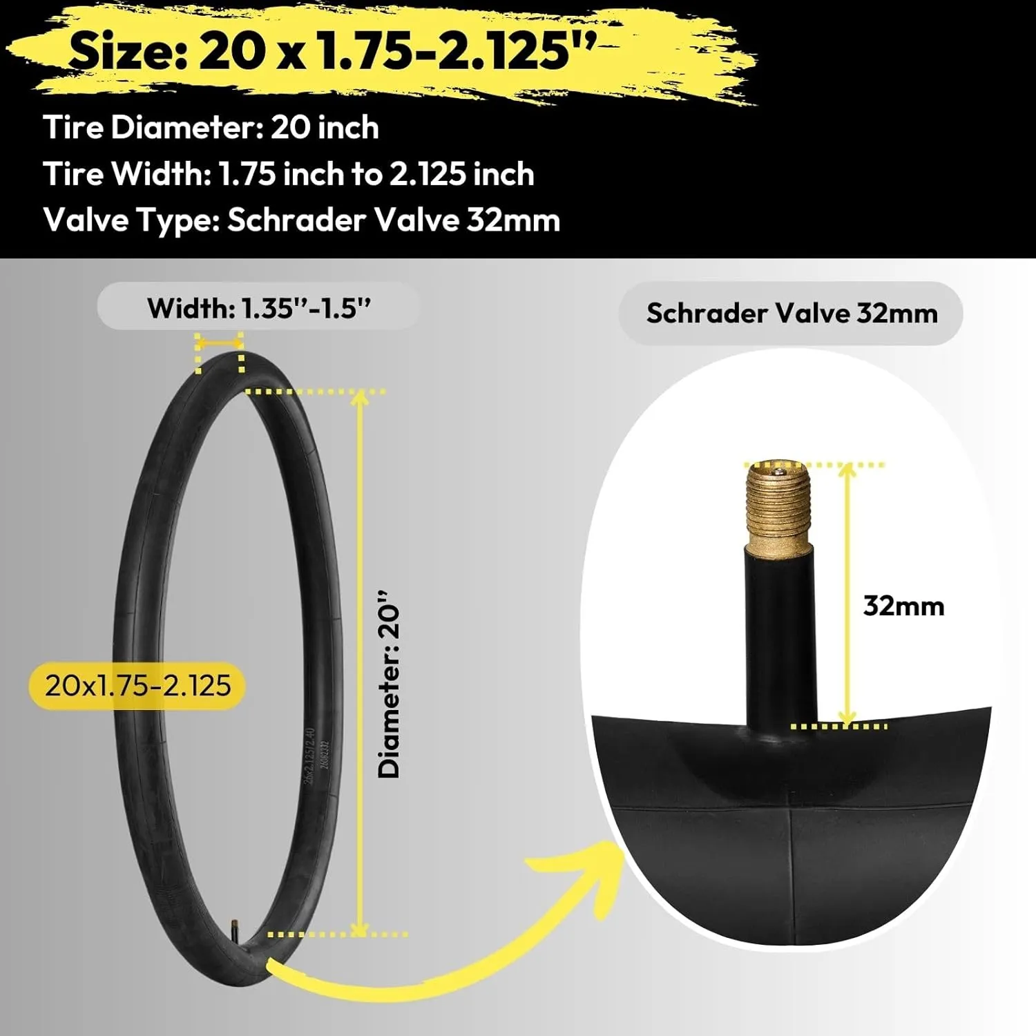 20 Inch Bike Tubes 20 x 1.35 1.5 1.75 1.8 1.85 1.9 1.95 2.0 2.1 2.125 2.2 2.25 2.3 2.35 2.4 3.5 4.0 - Schrader Valve 32mm 4 Pack