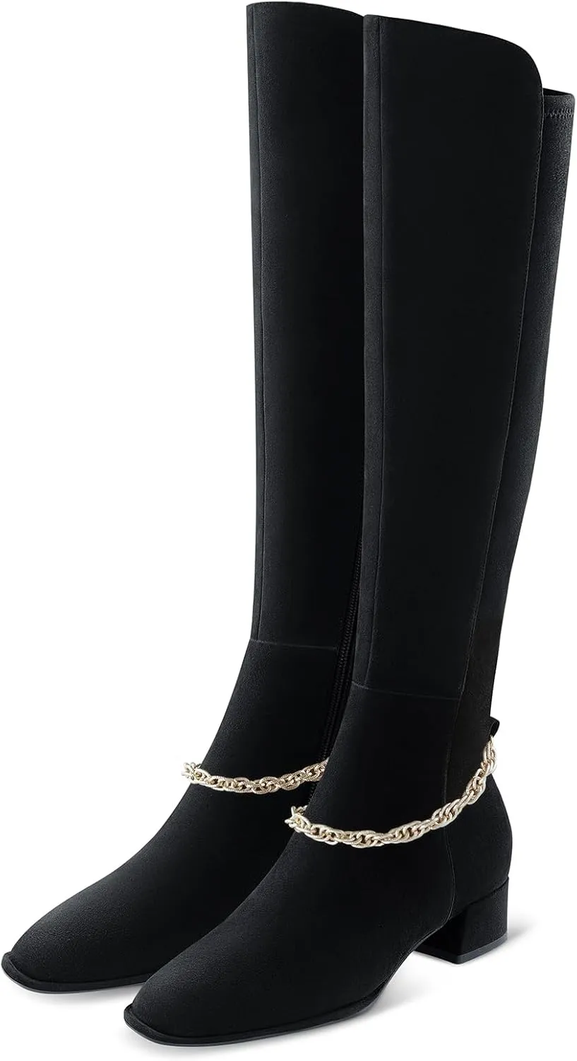 7or9 Women Mid Heel Ankle Bootie Lug Sole Chelsea Fashion Go Go Boots Knee-high Boots Wool Chunky Block Heel - Black & Brown