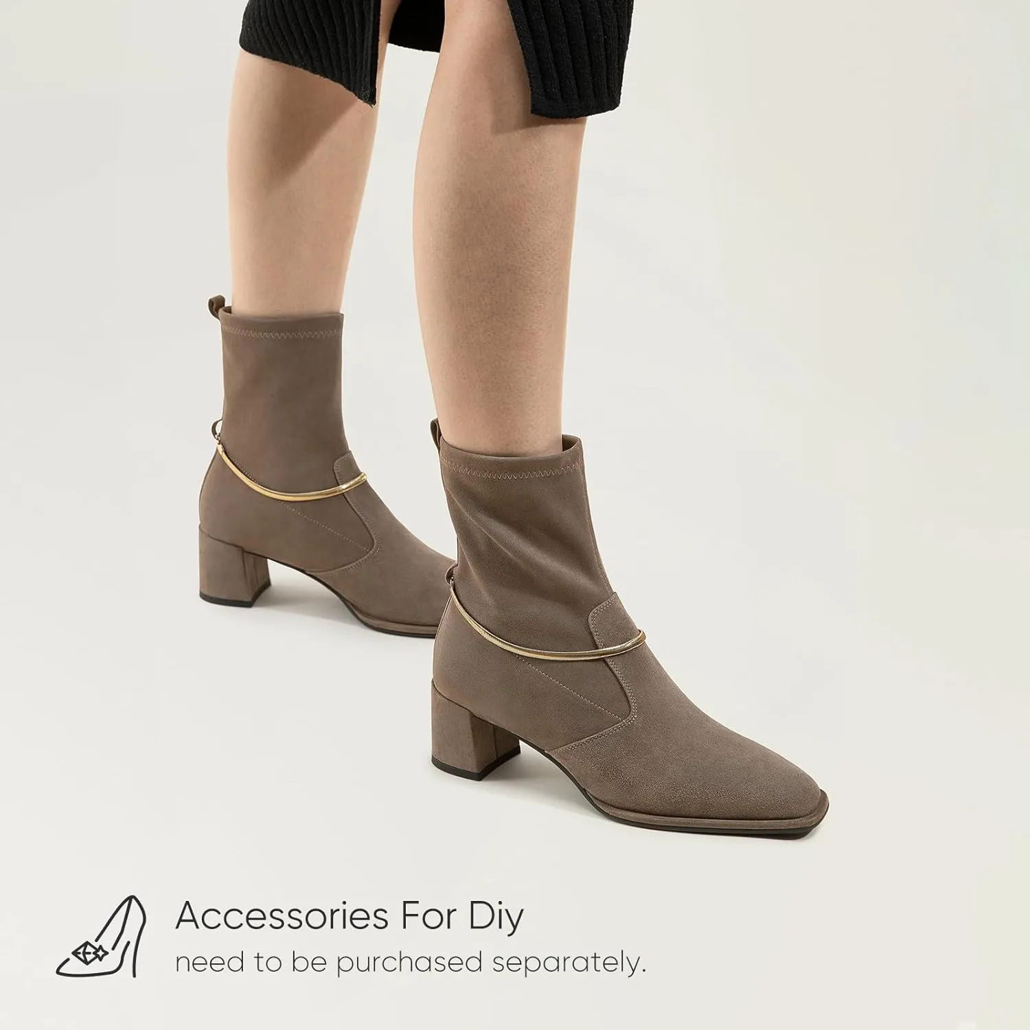 7or9 Women Mid Heel Ankle Bootie Lug Sole Chelsea Fashion Go Go Boots Knee-high Boots Wool Chunky Block Heel - Black & Brown