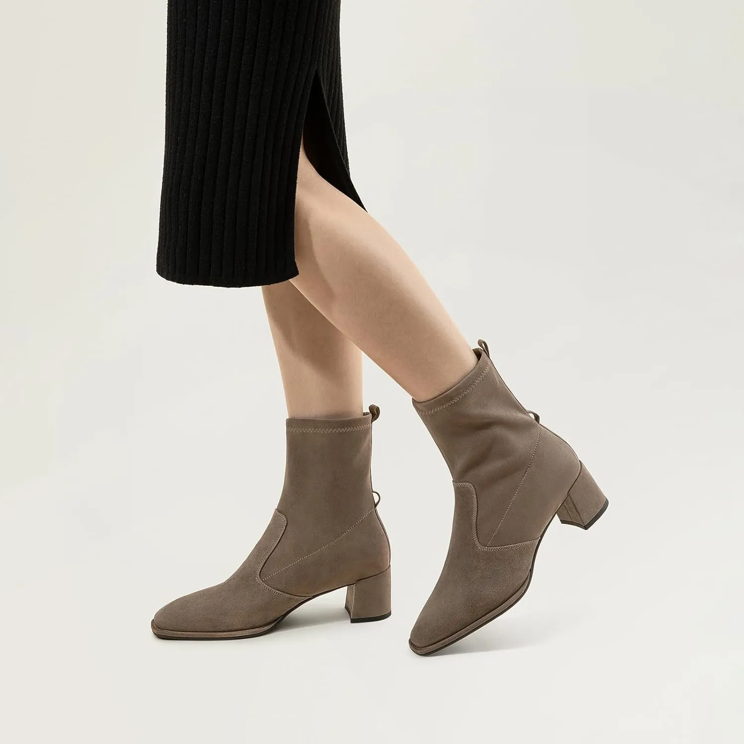 7or9 Women Mid Heel Ankle Bootie Lug Sole Chelsea Fashion Go Go Boots Knee-high Boots Wool Chunky Block Heel - Black & Brown