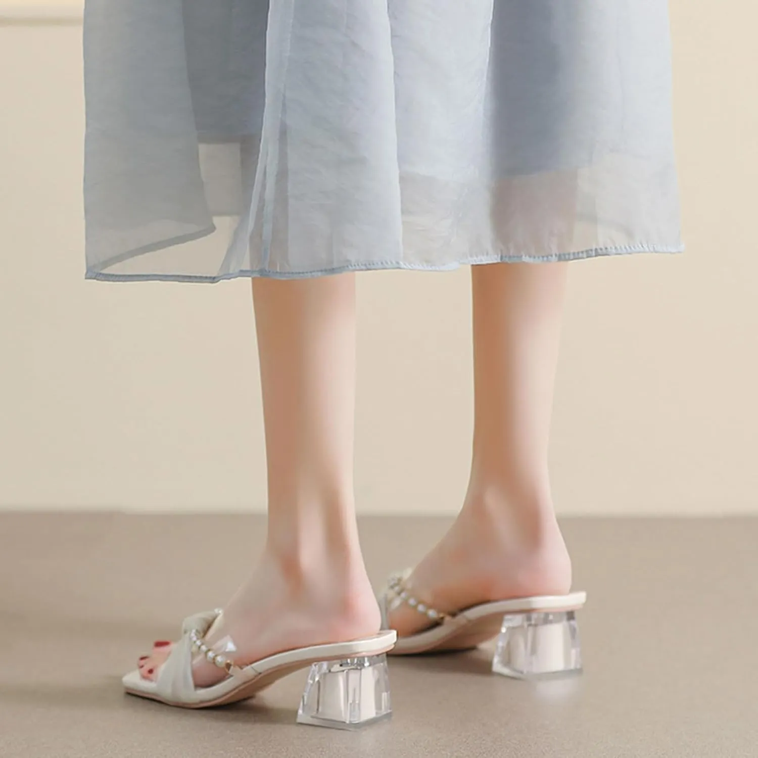AMAZIDEAL Women's Pearl Open Toe Clear Block Heel Sandals,Square Toe Two Strap Slip On Low Chunky Heeled Mule Sandals,Summer Casual Party Wedding Dress Shoes