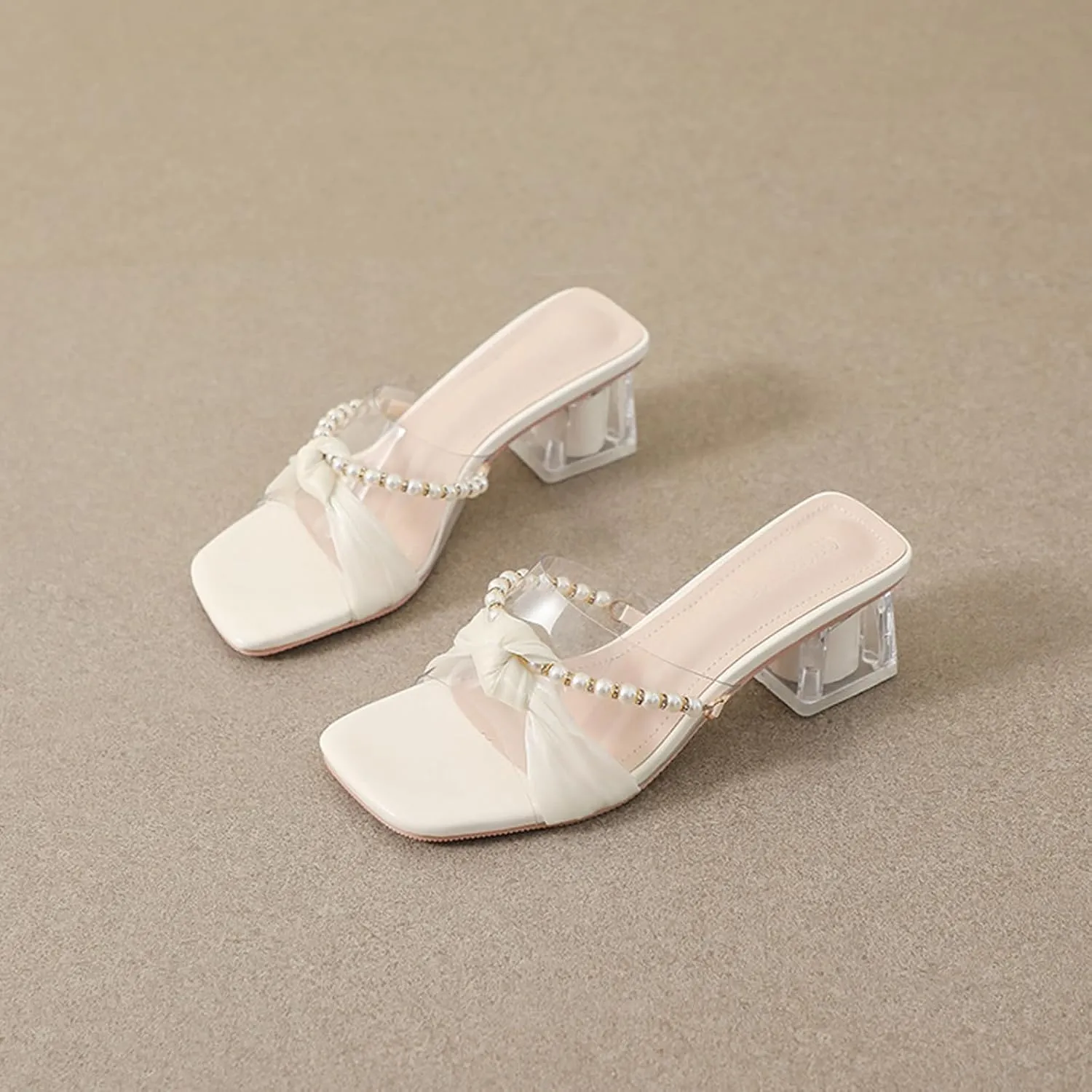AMAZIDEAL Women's Pearl Open Toe Clear Block Heel Sandals,Square Toe Two Strap Slip On Low Chunky Heeled Mule Sandals,Summer Casual Party Wedding Dress Shoes