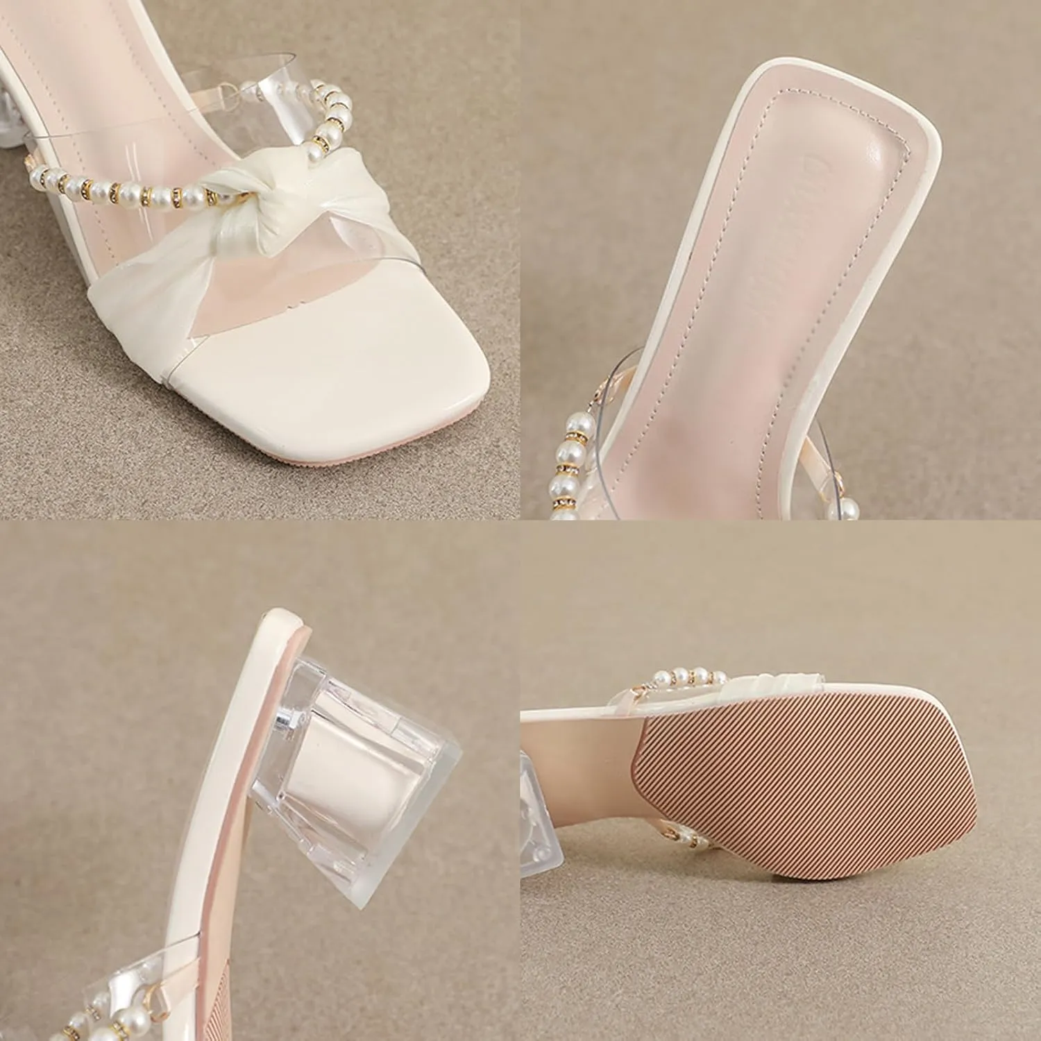 AMAZIDEAL Women's Pearl Open Toe Clear Block Heel Sandals,Square Toe Two Strap Slip On Low Chunky Heeled Mule Sandals,Summer Casual Party Wedding Dress Shoes