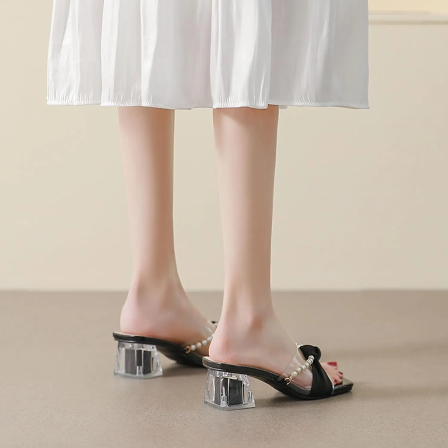 AMAZIDEAL Women's Pearl Open Toe Clear Block Heel Sandals,Square Toe Two Strap Slip On Low Chunky Heeled Mule Sandals,Summer Casual Party Wedding Dress Shoes