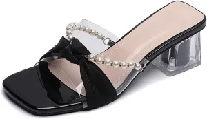 AMAZIDEAL Women's Pearl Open Toe Clear Block Heel Sandals,Square Toe Two Strap Slip On Low Chunky Heeled Mule Sandals,Summer Casual Party Wedding Dress Shoes