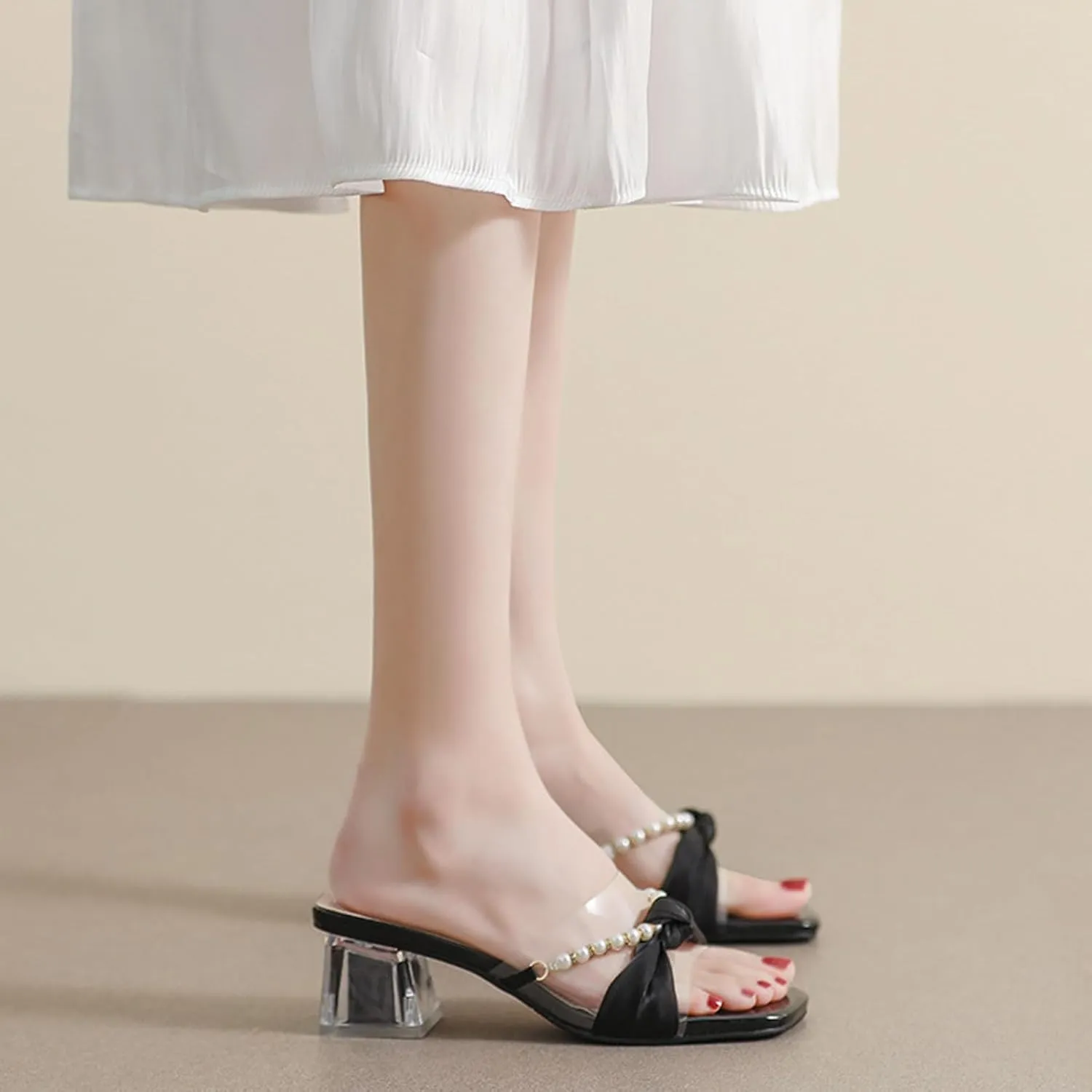 AMAZIDEAL Women's Pearl Open Toe Clear Block Heel Sandals,Square Toe Two Strap Slip On Low Chunky Heeled Mule Sandals,Summer Casual Party Wedding Dress Shoes