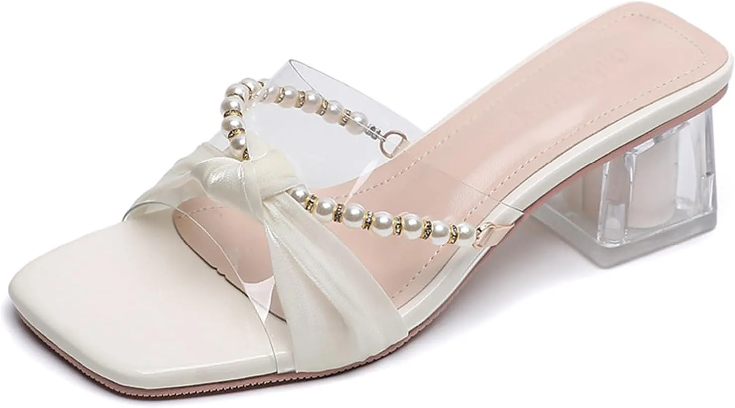 AMAZIDEAL Women's Pearl Open Toe Clear Block Heel Sandals,Square Toe Two Strap Slip On Low Chunky Heeled Mule Sandals,Summer Casual Party Wedding Dress Shoes