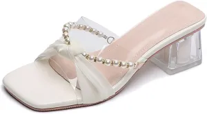 AMAZIDEAL Women's Pearl Open Toe Clear Block Heel Sandals,Square Toe Two Strap Slip On Low Chunky Heeled Mule Sandals,Summer Casual Party Wedding Dress Shoes