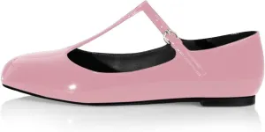 anteikira Women's Classy Round Toe Ballet Flats T-Strap Flats Patent Leather Comfortable Mary Jane Flats Shoes for Women Size 5.5-12US
