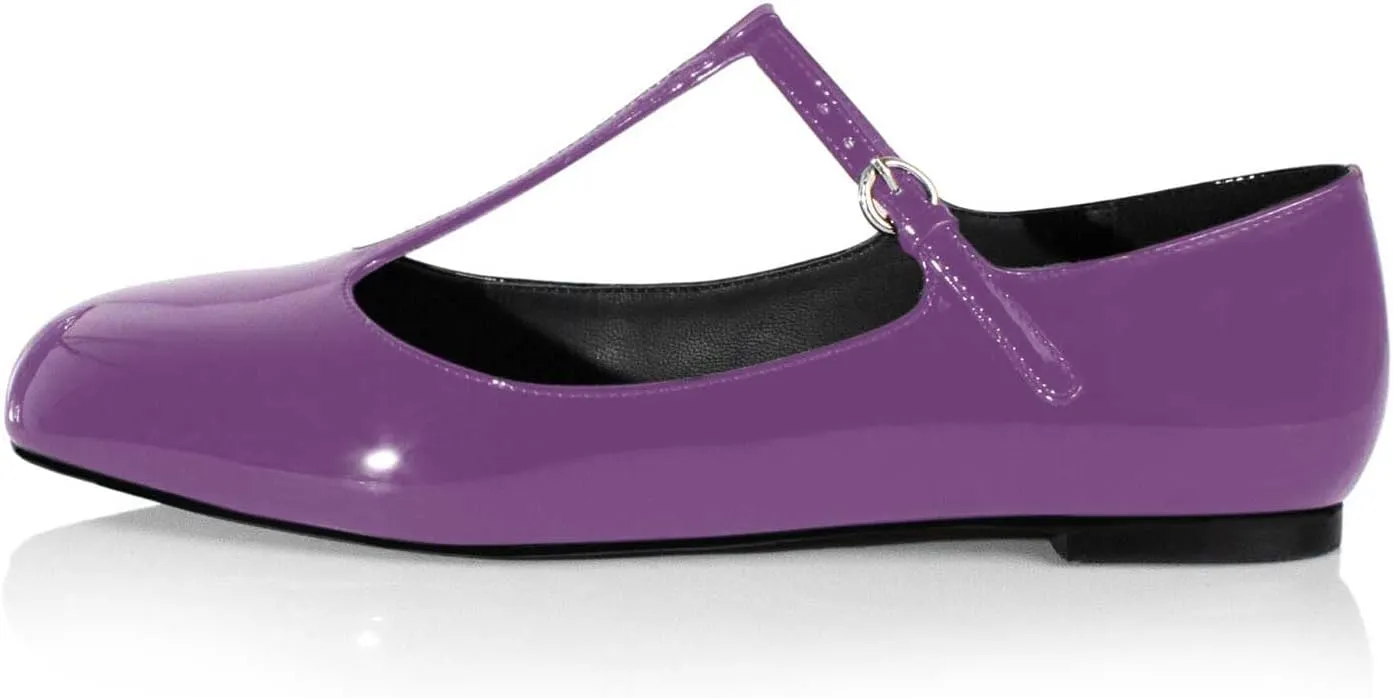 anteikira Women's Classy Round Toe Ballet Flats T-Strap Flats Patent Leather Comfortable Mary Jane Flats Shoes for Women Size 5.5-12US