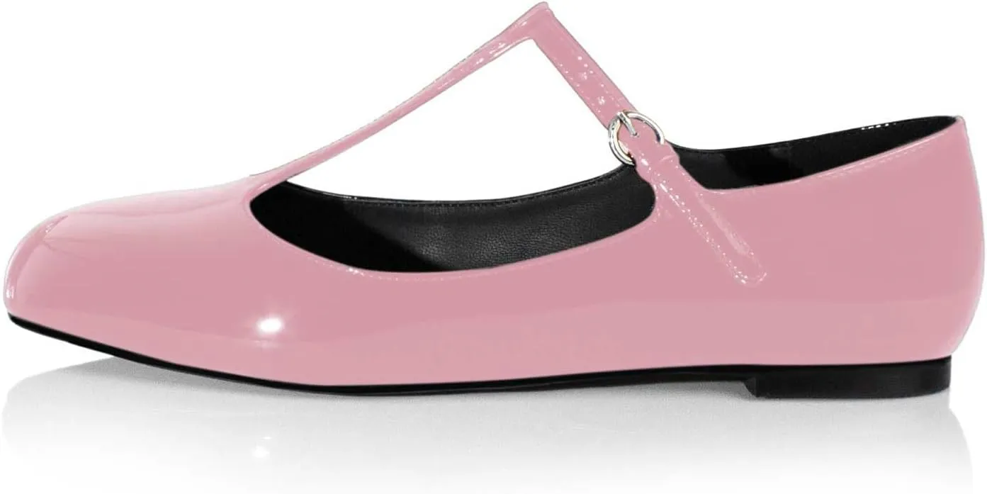 anteikira Women's Classy Round Toe Ballet Flats T-Strap Flats Patent Leather Comfortable Mary Jane Flats Shoes for Women Size 5.5-12US