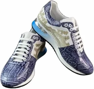 Authentic Crocodile Skin Hand Painted Blue Color Men's Sneakers Genuine Alligator Leather Embroidery Designer Male Lace-up Flats