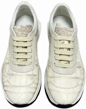Authentic Crocodile Skin Male Casual Light White Sneakers Genuine Alligator Leather Men's Lace-up Walking Flats