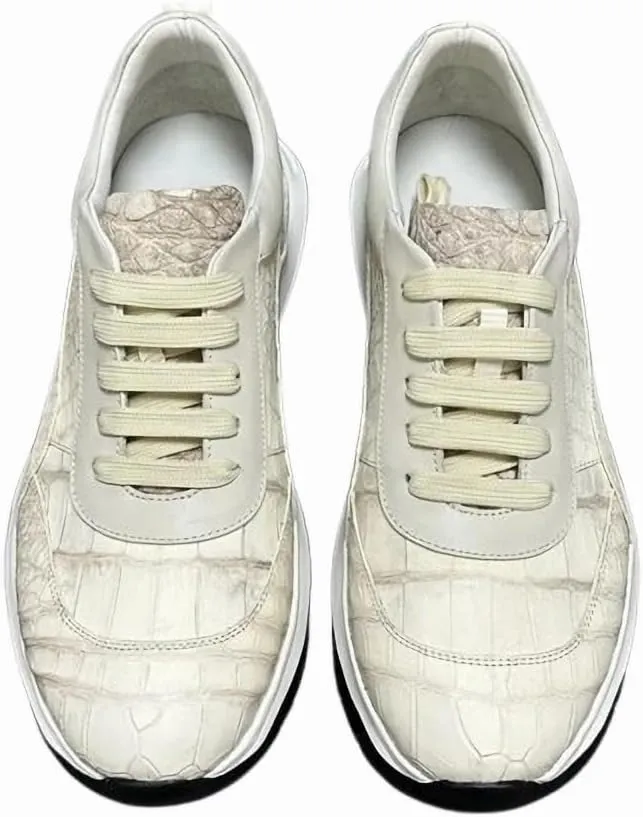 Authentic Crocodile Skin Male Casual Light White Sneakers Genuine Alligator Leather Men's Lace-up Walking Flats