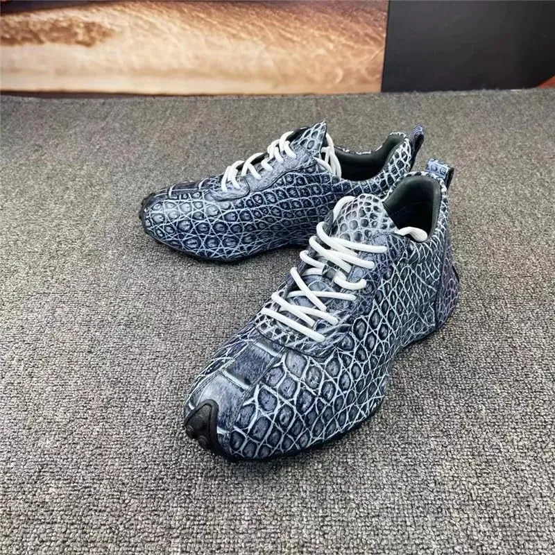 Authentic Exotic Crocodile Skin Hand Painted Brown Color Men Chic Sneakers Genuine Alligator Leather Male Lace-up Fashion Flats