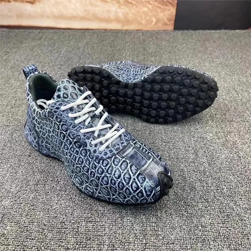 Authentic Exotic Crocodile Skin Hand Painted Brown Color Men Chic Sneakers Genuine Alligator Leather Male Lace-up Fashion Flats