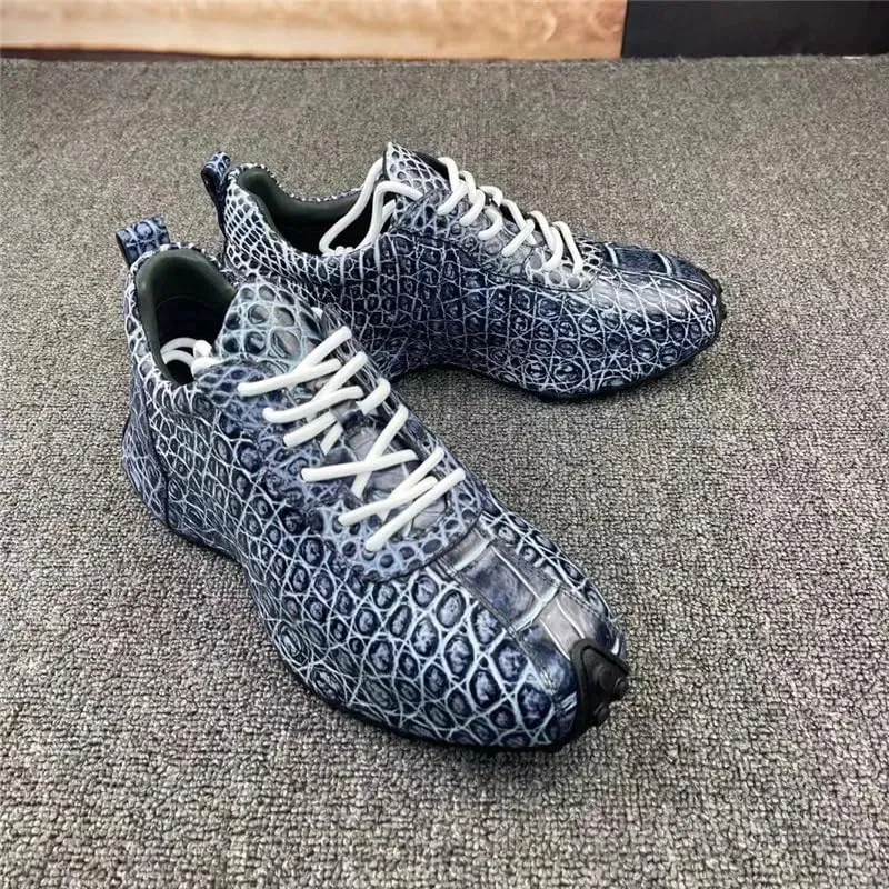 Authentic Exotic Crocodile Skin Hand Painted Brown Color Men Chic Sneakers Genuine Alligator Leather Male Lace-up Fashion Flats