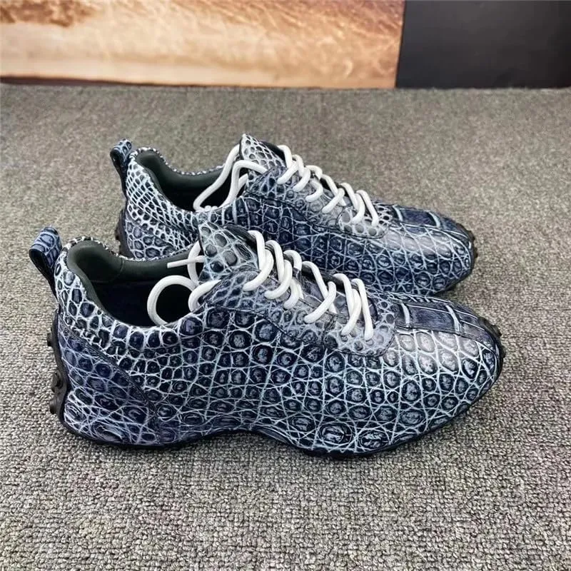 Authentic Exotic Crocodile Skin Hand Painted Brown Color Men Chic Sneakers Genuine Alligator Leather Male Lace-up Fashion Flats