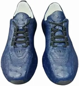 Authentic Real Ostrich Skin Mid Top Men Blue Lace-up Sneakers Genuine Exotic Leather Male Casual Soft Walking Flats Ankle Shoes