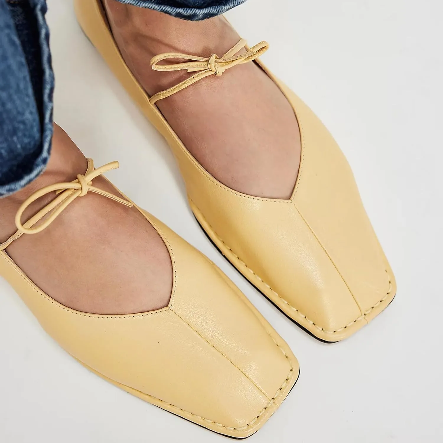 Ballet Flats for Women Lace Up Bow Square Toe Mary Janes Cute Ballerina Shoes Slip On Comfortable Elegant Dress Shoes