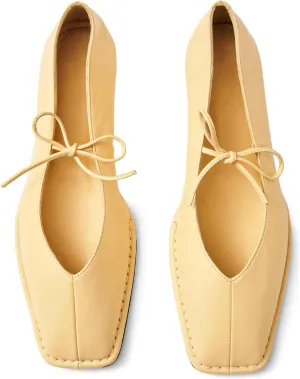 Ballet Flats for Women Lace Up Bow Square Toe Mary Janes Cute Ballerina Shoes Slip On Comfortable Elegant Dress Shoes
