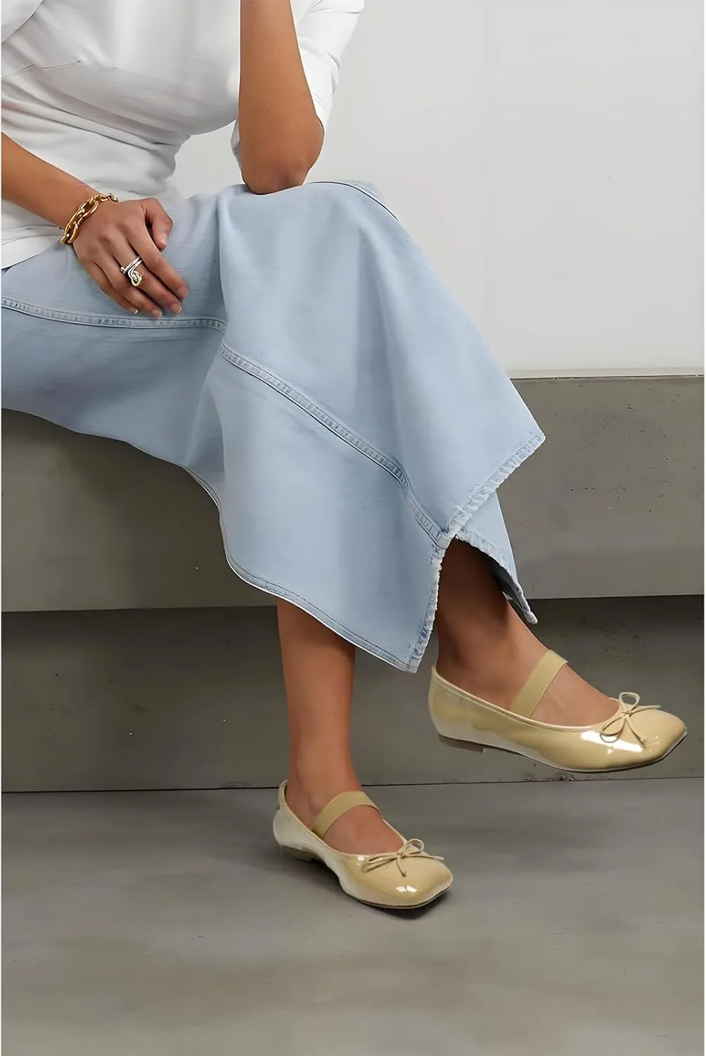 Ballet Flats for Women Square Toe Low Heel Slip on with Bow Ankle Strap Ladies Shoes