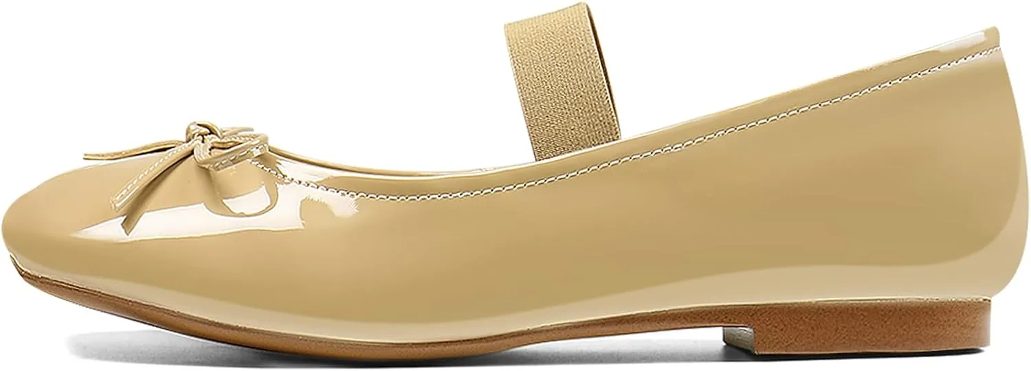 Ballet Flats for Women Square Toe Low Heel Slip on with Bow Ankle Strap Ladies Shoes