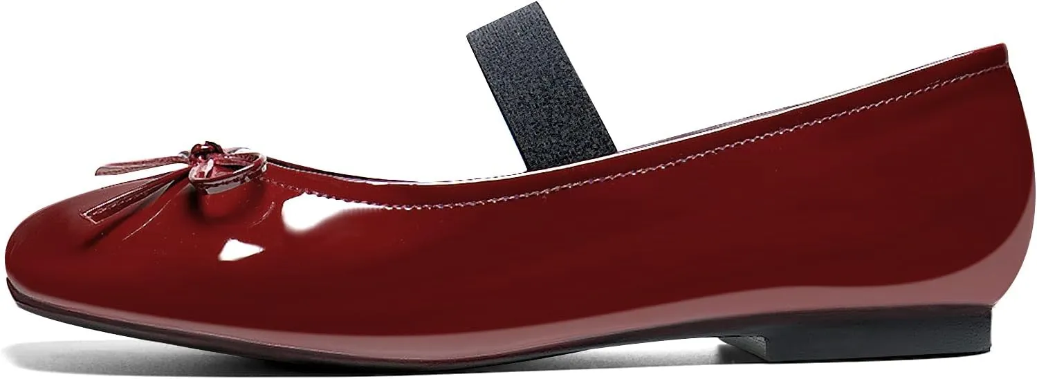 Ballet Flats for Women Square Toe Low Heel Slip on with Bow Ankle Strap Ladies Shoes