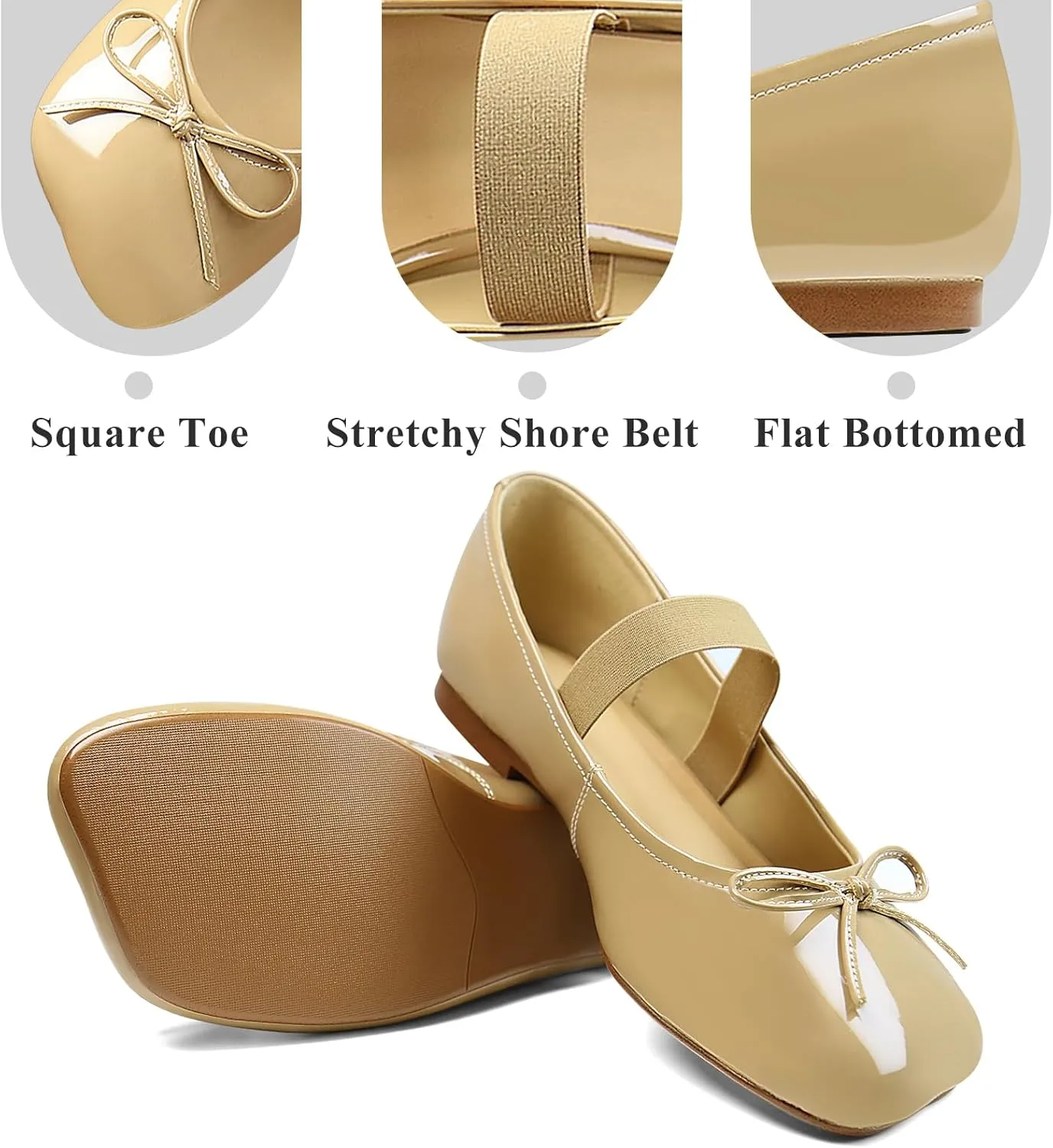 Ballet Flats for Women Square Toe Low Heel Slip on with Bow Ankle Strap Ladies Shoes