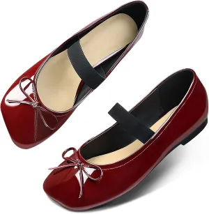 Ballet Flats for Women Square Toe Low Heel Slip on with Bow Ankle Strap Ladies Shoes