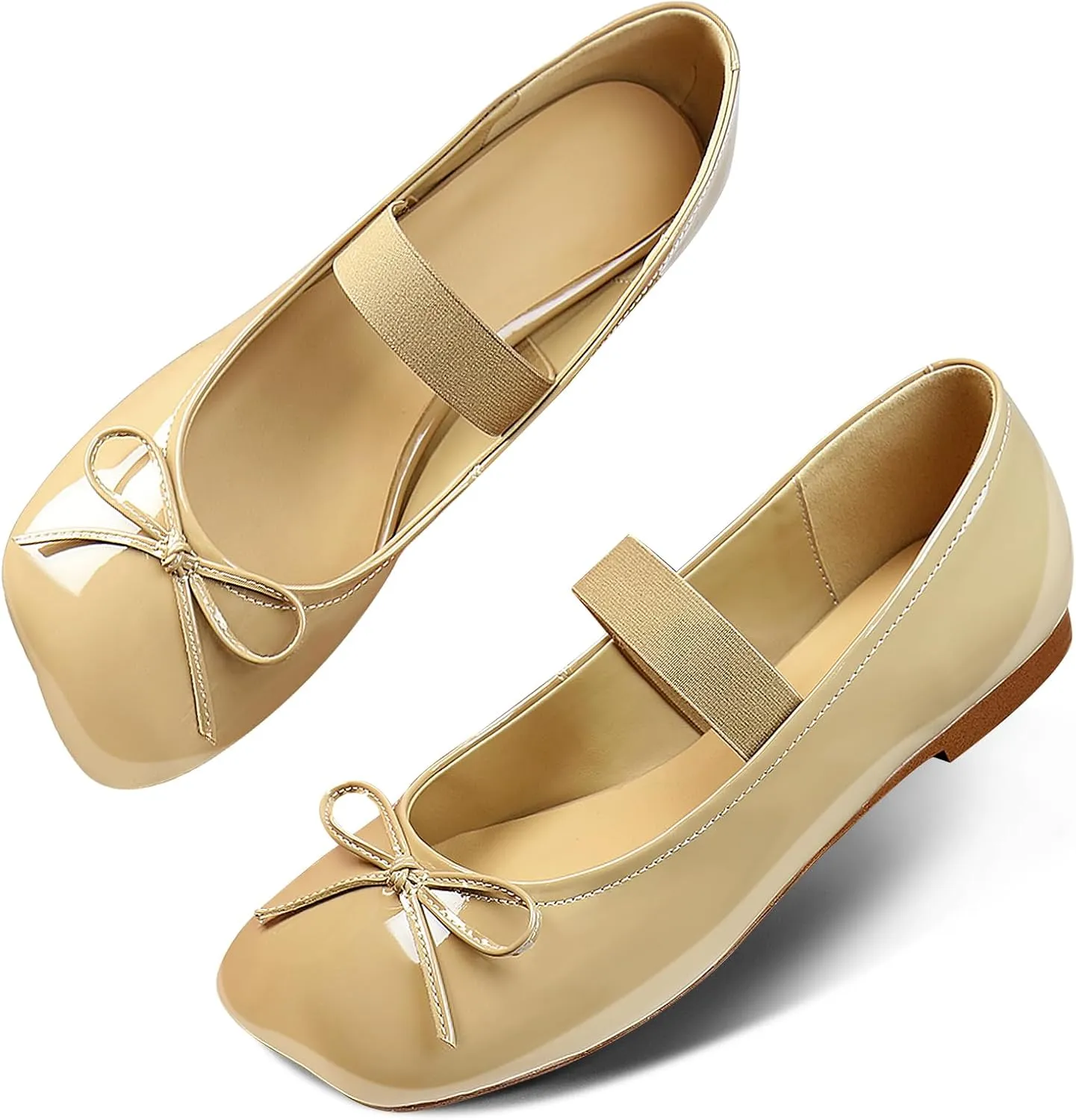 Ballet Flats for Women Square Toe Low Heel Slip on with Bow Ankle Strap Ladies Shoes