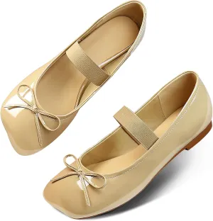 Ballet Flats for Women Square Toe Low Heel Slip on with Bow Ankle Strap Ladies Shoes