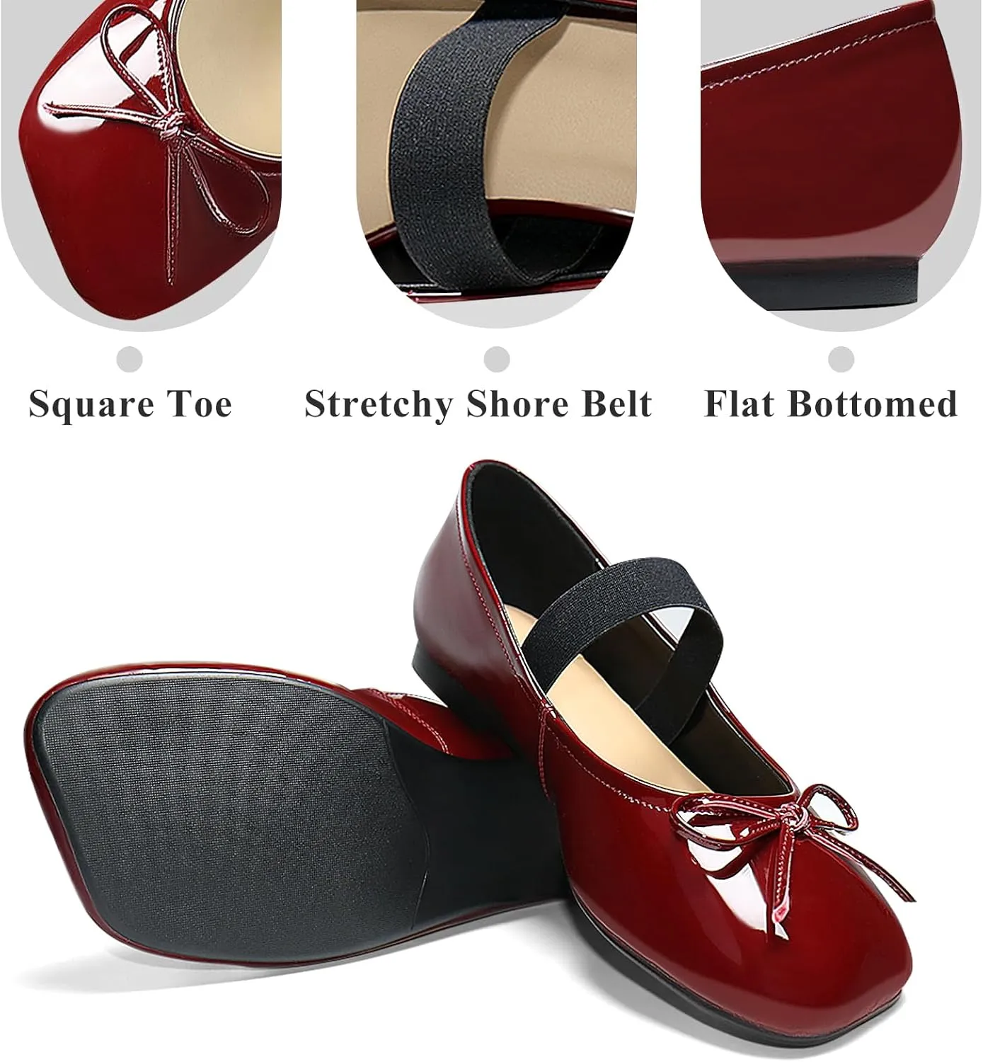 Ballet Flats for Women Square Toe Low Heel Slip on with Bow Ankle Strap Ladies Shoes
