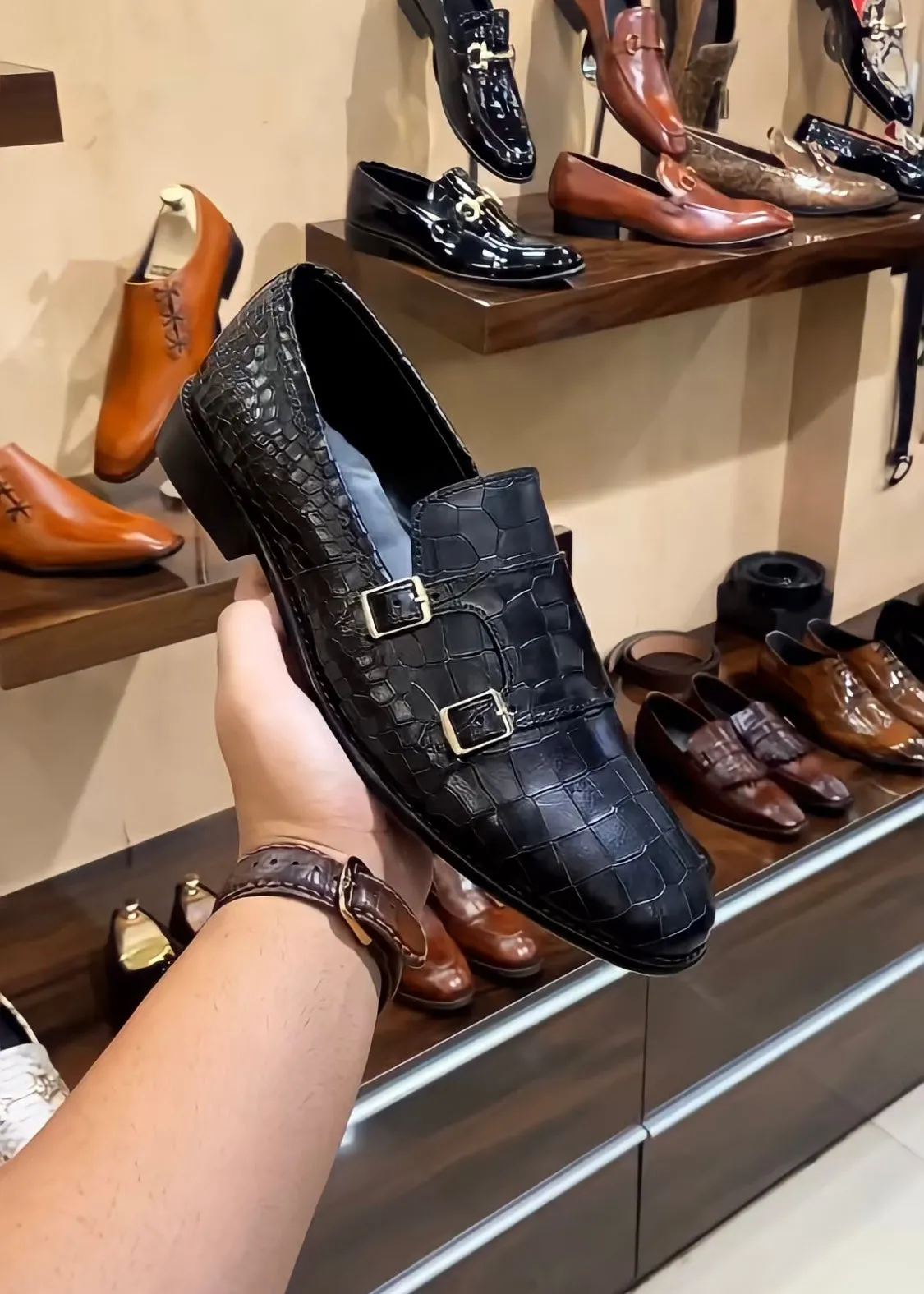 Black Crocodile Scaled Double Monk Loafers