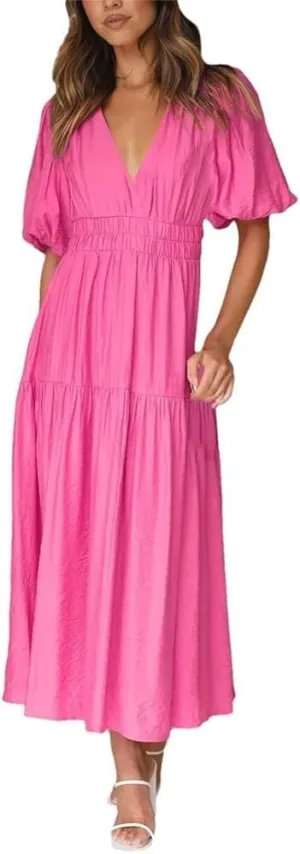 Bohemian Chiffon Pleated Summer Dress Women V Neck High Waist Short Sleeve A Line Flowy Dresses