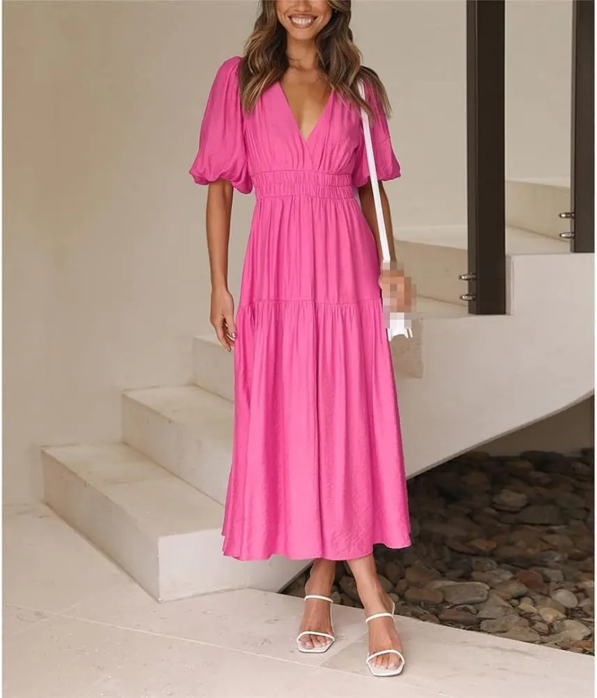 Bohemian Chiffon Pleated Summer Dress Women V Neck High Waist Short Sleeve A Line Flowy Dresses