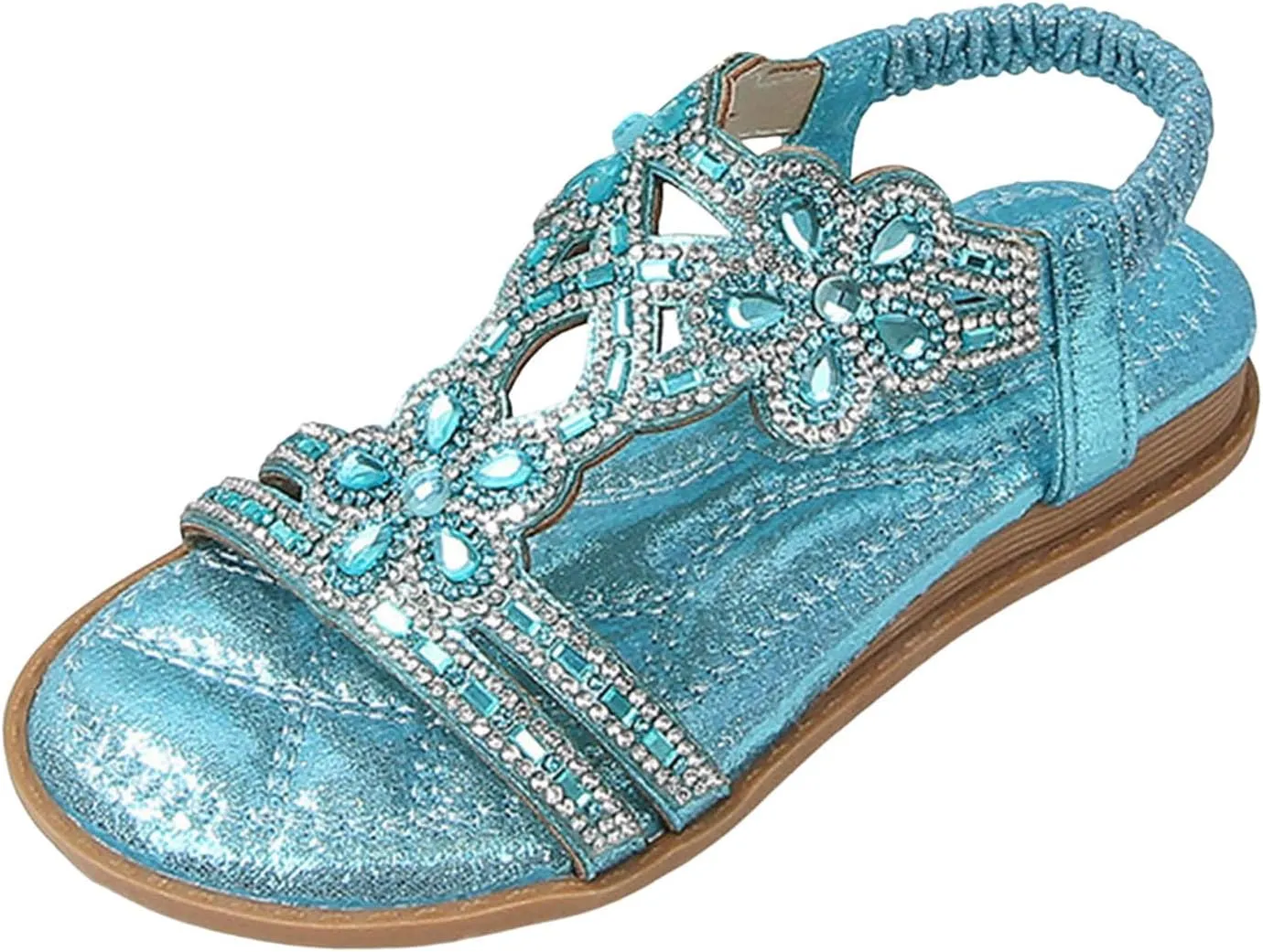 Bohemian Crystal Flats Women's Flats Sandals Low Wedge Rhinestone Open Toe Ankle Elastic Flip Flops for Women Wedding