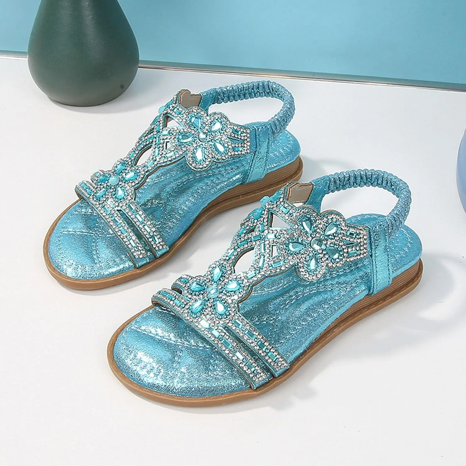 Bohemian Crystal Flats Women's Flats Sandals Low Wedge Rhinestone Open Toe Ankle Elastic Flip Flops for Women Wedding
