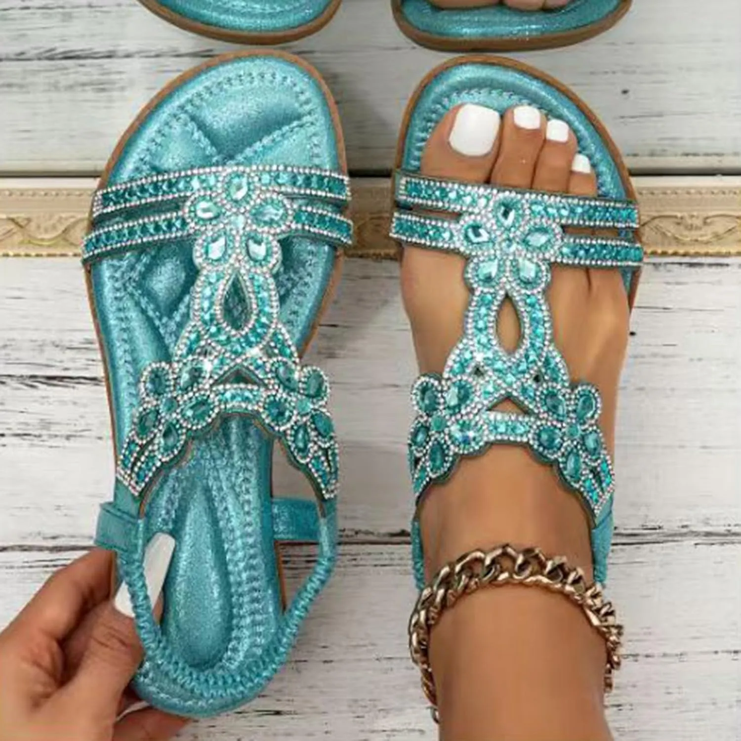 Bohemian Crystal Flats Women's Flats Sandals Low Wedge Rhinestone Open Toe Ankle Elastic Flip Flops for Women Wedding