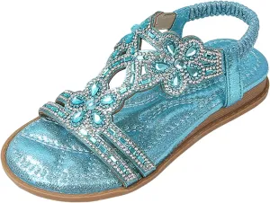 Bohemian Crystal Flats Women's Flats Sandals Low Wedge Rhinestone Open Toe Ankle Elastic Flip Flops for Women Wedding