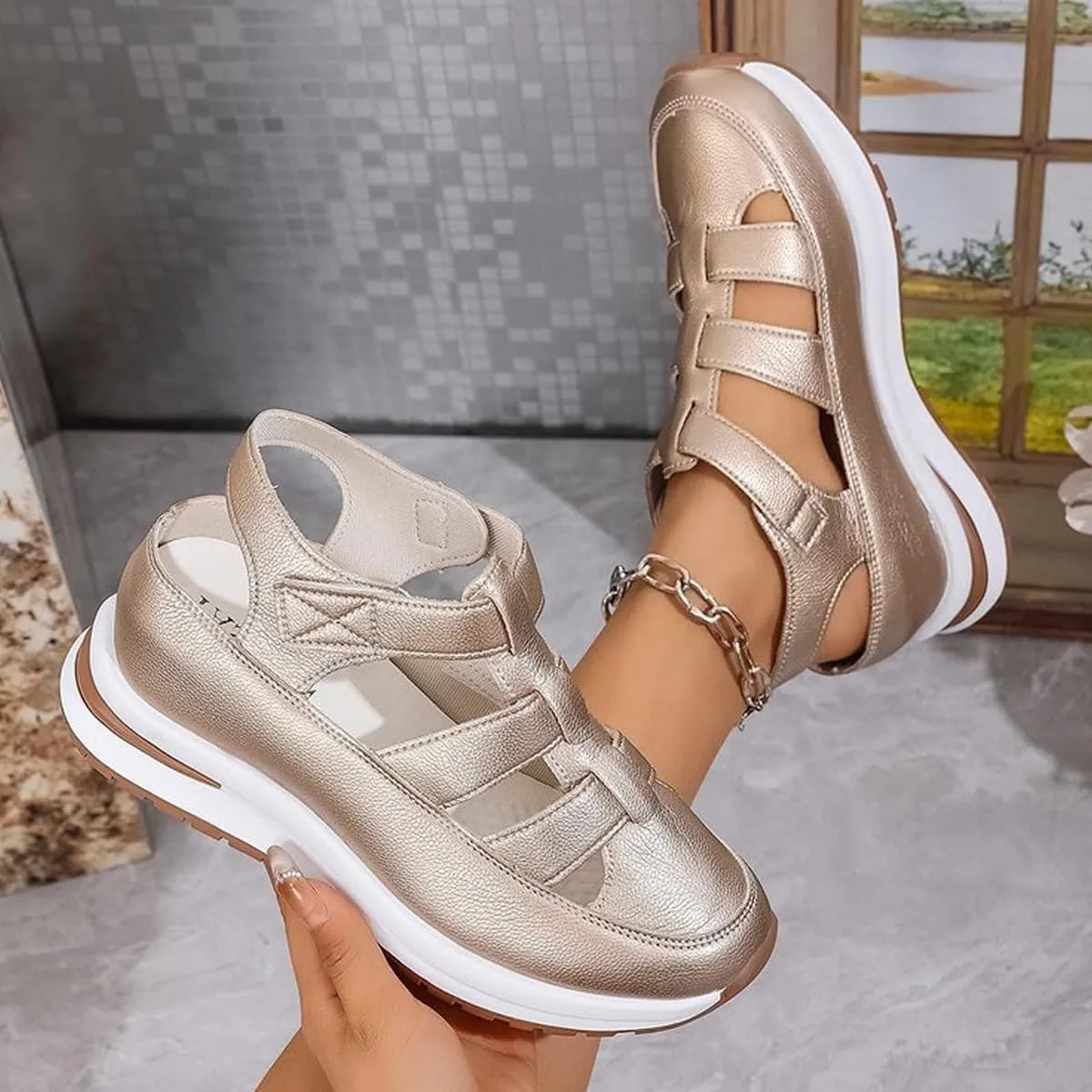 Bootara Shoes Women - Arch Support, Plus Size Hollow-Out Casual Sandals, Closed Toe Platform Height-Boosting Sandals