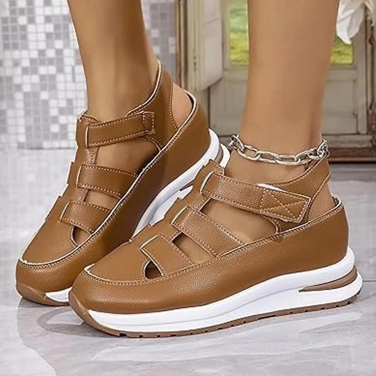 Bootara Shoes Women - Arch Support, Plus Size Hollow-Out Casual Sandals, Closed Toe Platform Height-Boosting Sandals