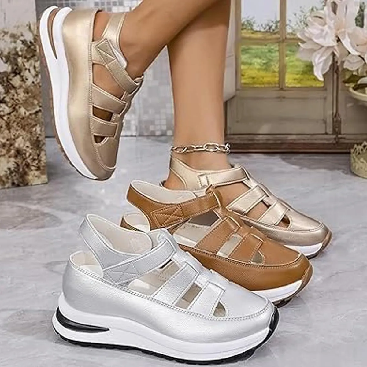 Bootara Shoes Women - Arch Support, Plus Size Hollow-Out Casual Sandals, Closed Toe Platform Height-Boosting Sandals