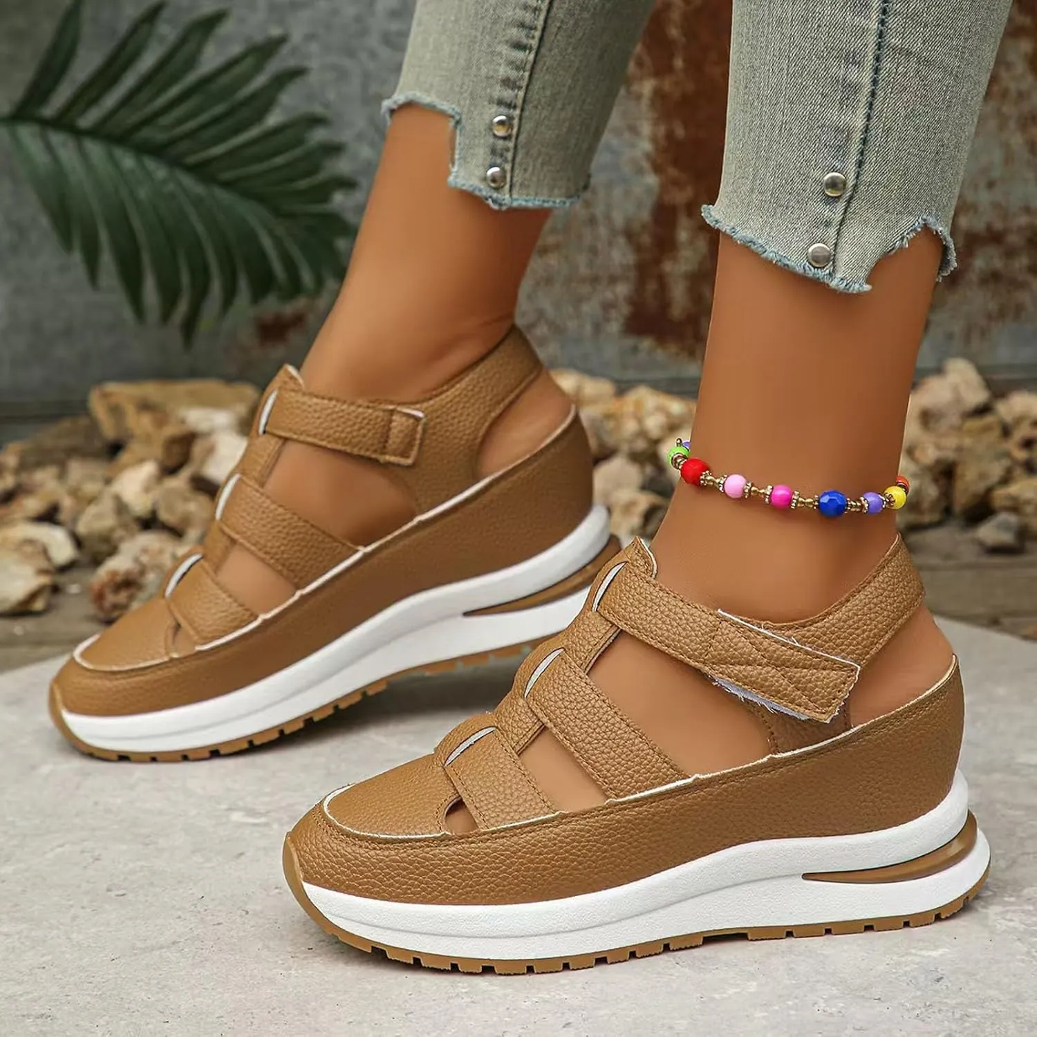 Bootara Women'S Plus Size Hollow-Out Casual Sandals, Closed Toe Platform Sandals Height-Boosting Thick Sole