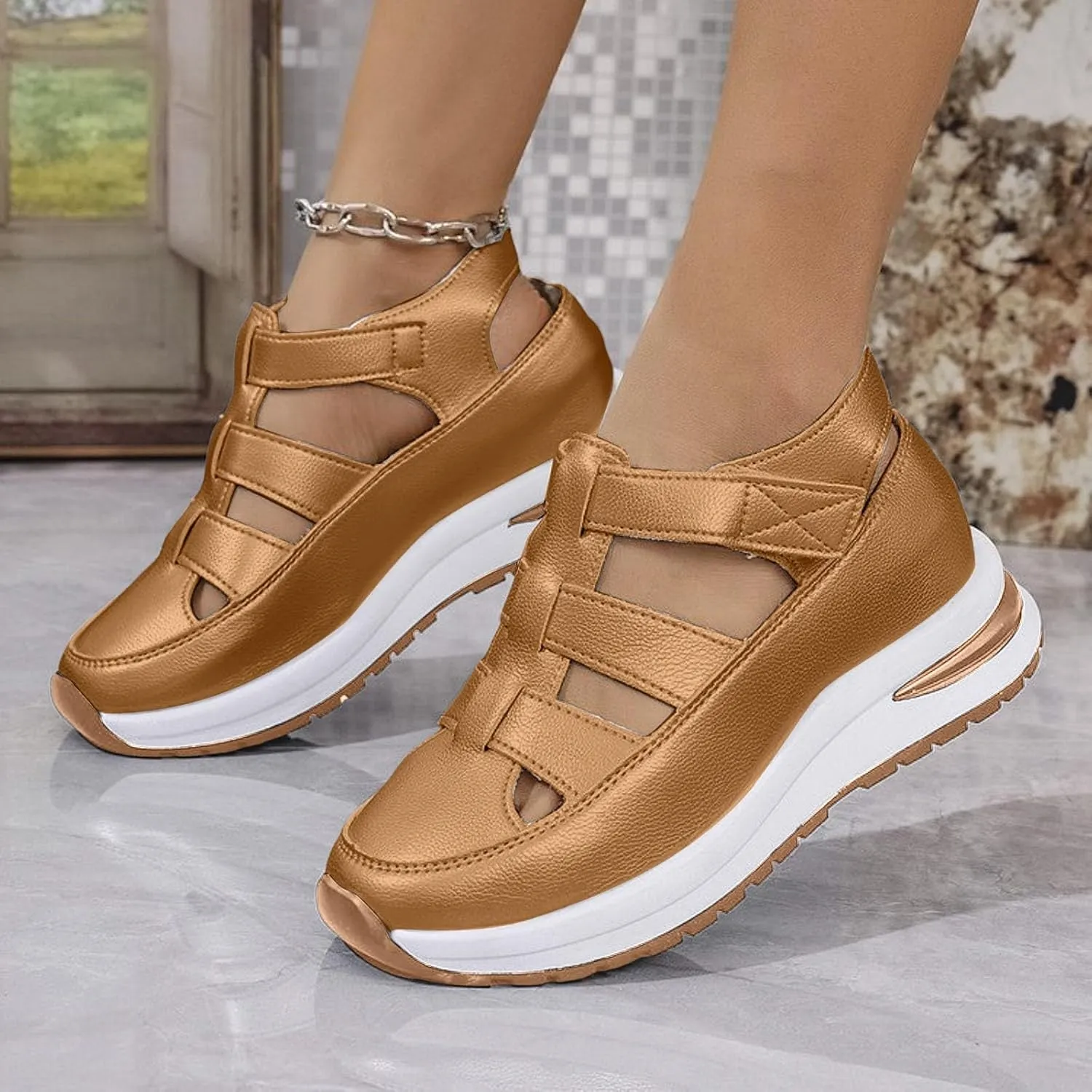 Bootara Women'S Plus Size Hollow-Out Casual Sandals, Closed Toe Platform Sandals Height-Boosting Thick Sole