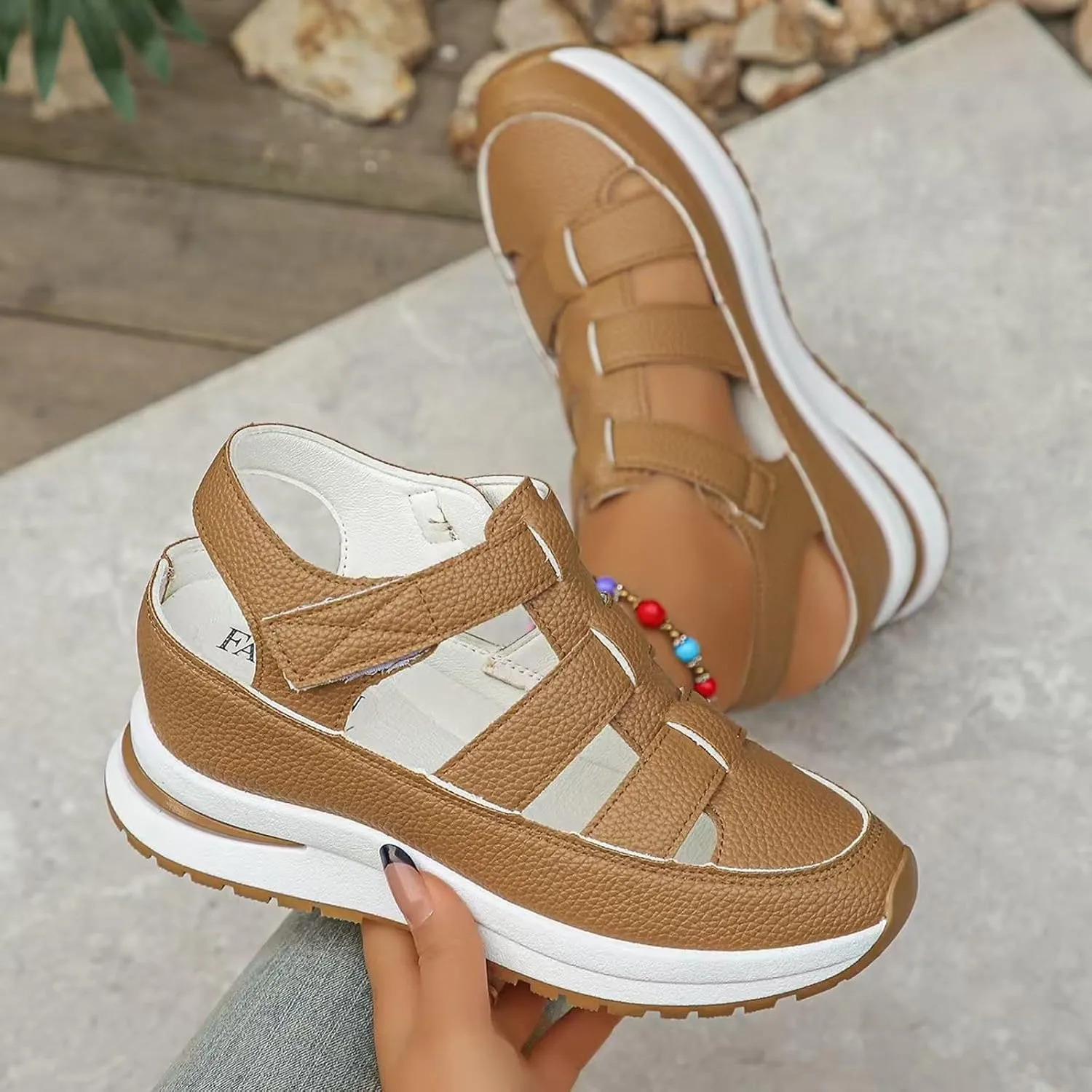 Bootara Women'S Plus Size Hollow-Out Casual Sandals, Closed Toe Platform Sandals Height-Boosting Thick Sole