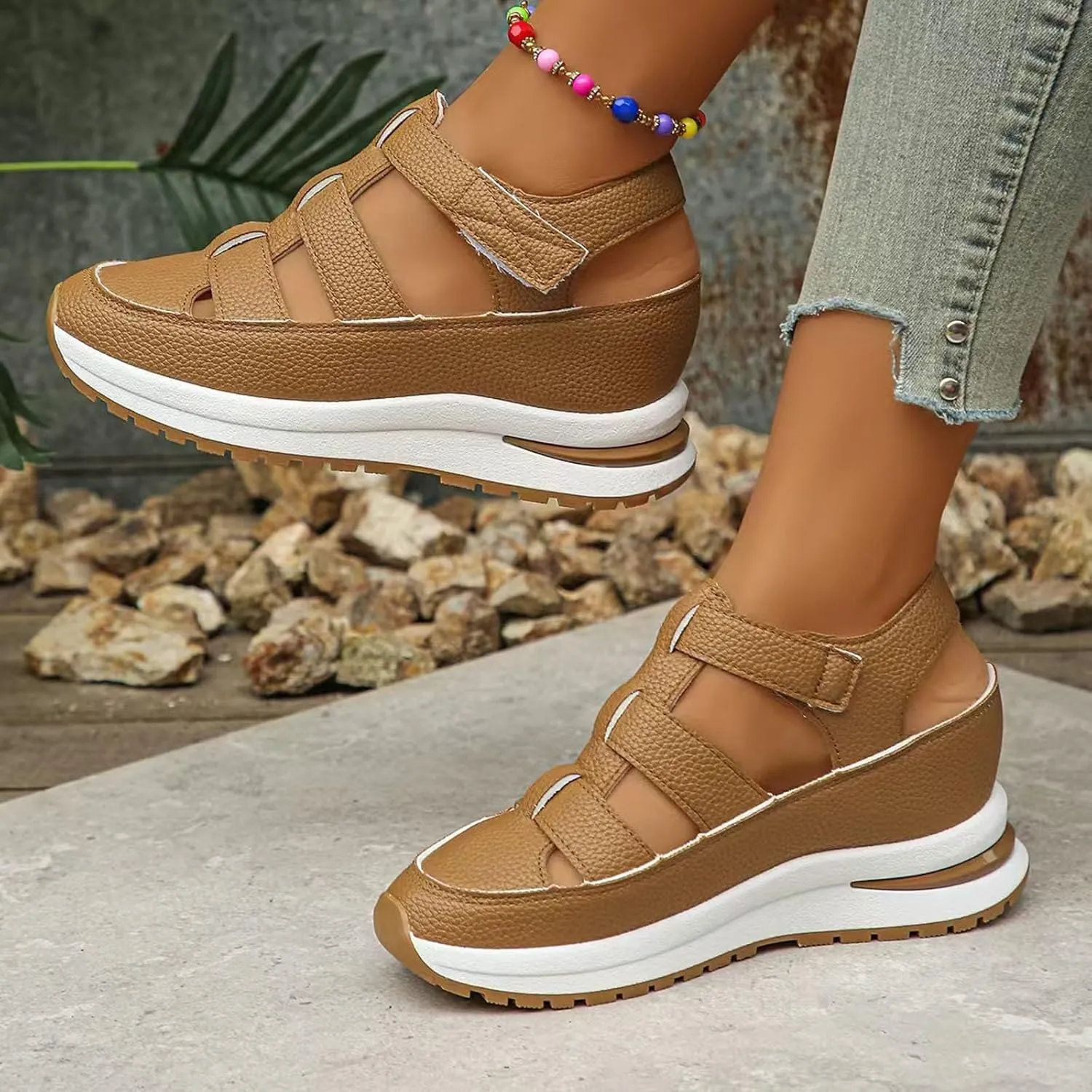Bootara Women'S Plus Size Hollow-Out Casual Sandals, Closed Toe Platform Sandals Height-Boosting Thick Sole