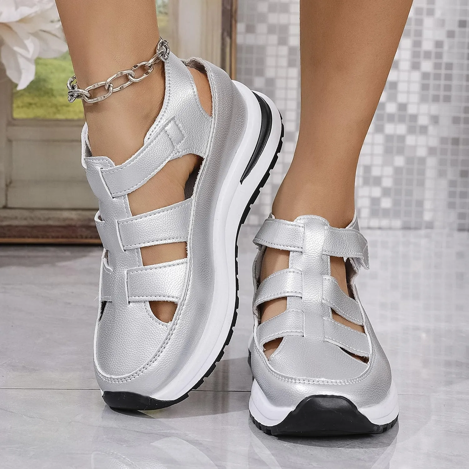 Bootara Women'S Plus Size Hollow-Out Casual Sandals, Closed Toe Platform Sandals Women, Extra Wide For Women Plus Size, Closed Toe Platform Height-Boosting