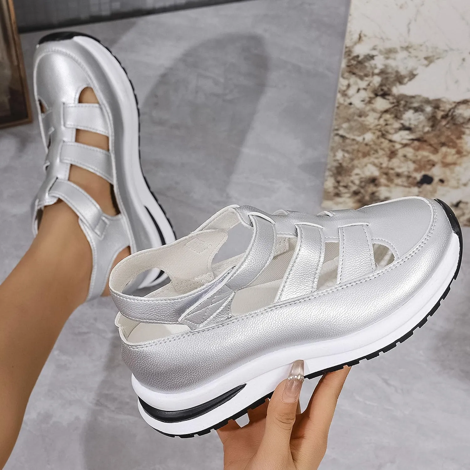 Bootara Women'S Plus Size Hollow-Out Casual Sandals, Closed Toe Platform Sandals Women, Extra Wide For Women Plus Size, Closed Toe Platform Height-Boosting