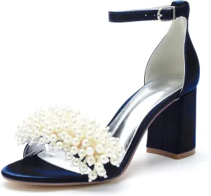 Bridal Shoes Open Toe Wedding High Heels Block Pumps Crystal Bride High Heels Sandals Evening Party Dress 8CM Bridesmaids Ankle Strap,Dark blue,9